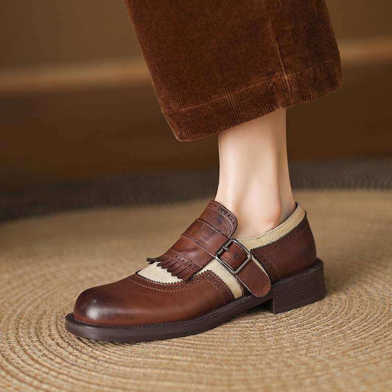 Fashion 2025 New Spring Retro Round Toe Leather Mid-heel Shoes for Women Retro High Heel Street Fashion Casual Shoes Pumps Women Shoes