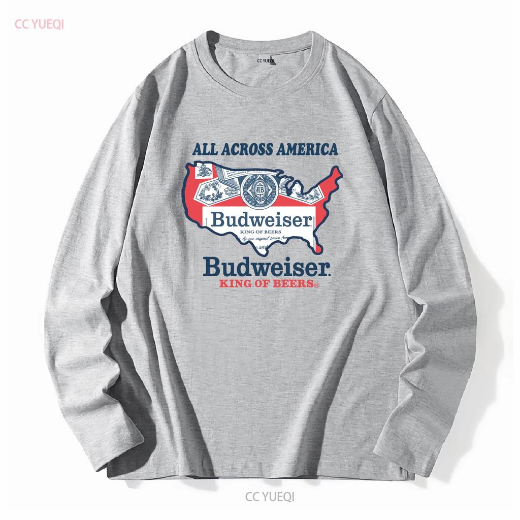 Maglietta Bianca Vintage con Logo Bandiera Budweiser Kv10809 Maniche Lunghe Top Morbido Lavato Vintage per Uso Quotidiano Grafica alla Moda