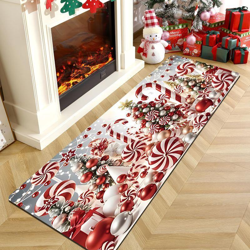 Vintage Christmas Runner Rug Candy Cane Peppermint Design Washable Anti Slip Mat Hallway Bedroom Farmhouse Decor