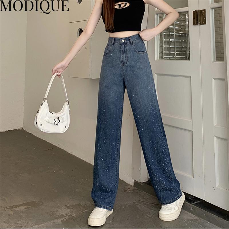 MODIQUE Primăvară Mărimi Mari Nou Femei Largi Vintage Talie Înaltă Elastic Gradare de Culoare Blugi Lungi Lady Bază Pantaloni Casual