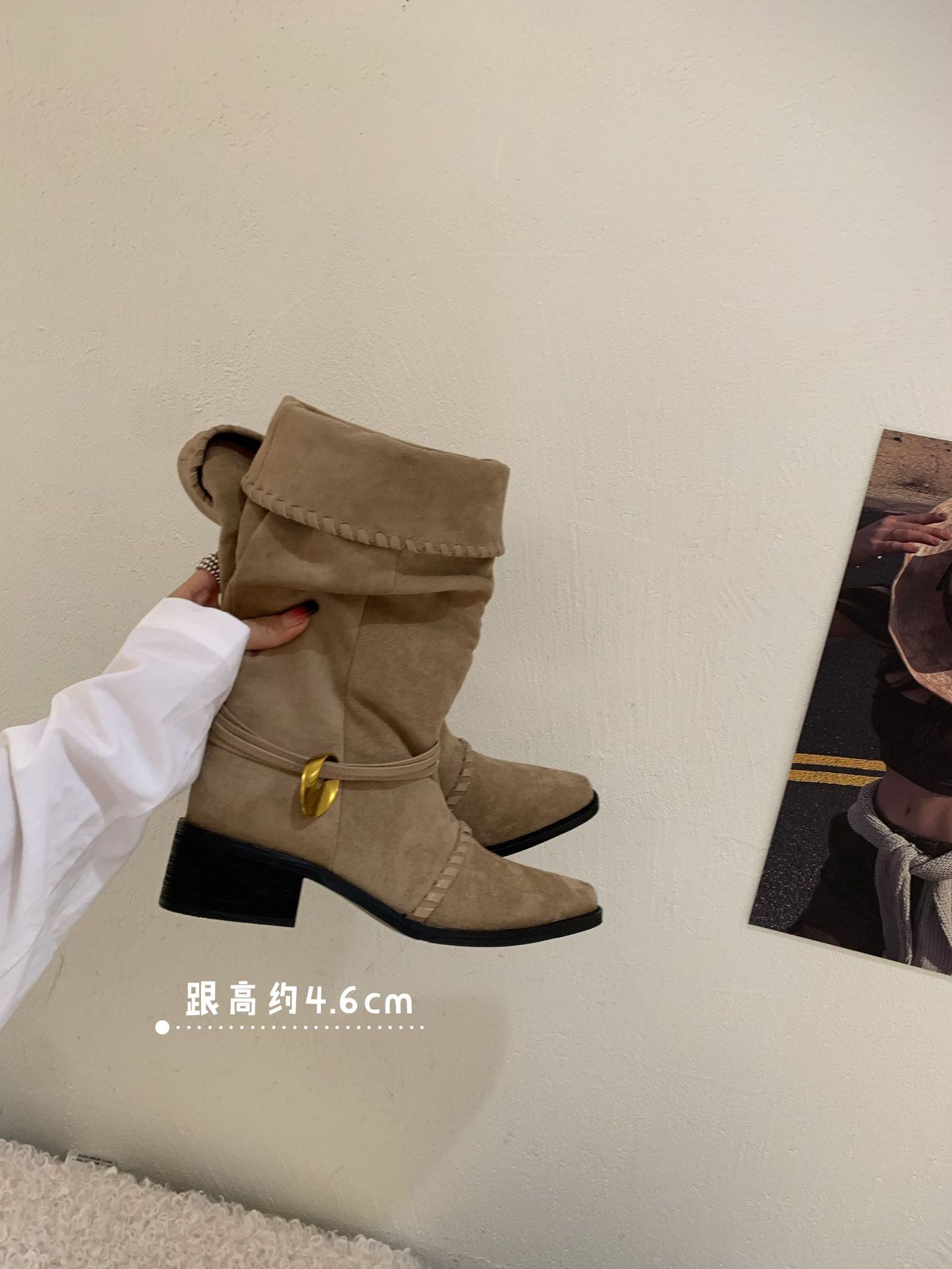 

2025 новые ретро нишевые остроносые на толстом каблуке плиссированные ботфорты в складку ковбойские сапоги вестерн женские осенне-зимние две носки полусапоги 39 хаки