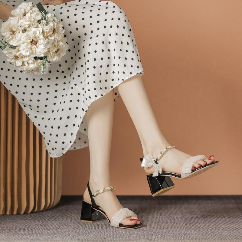 Leather flat for Huizhou women's shoes heels one word with sandals thick heel summer new high heel sandals women