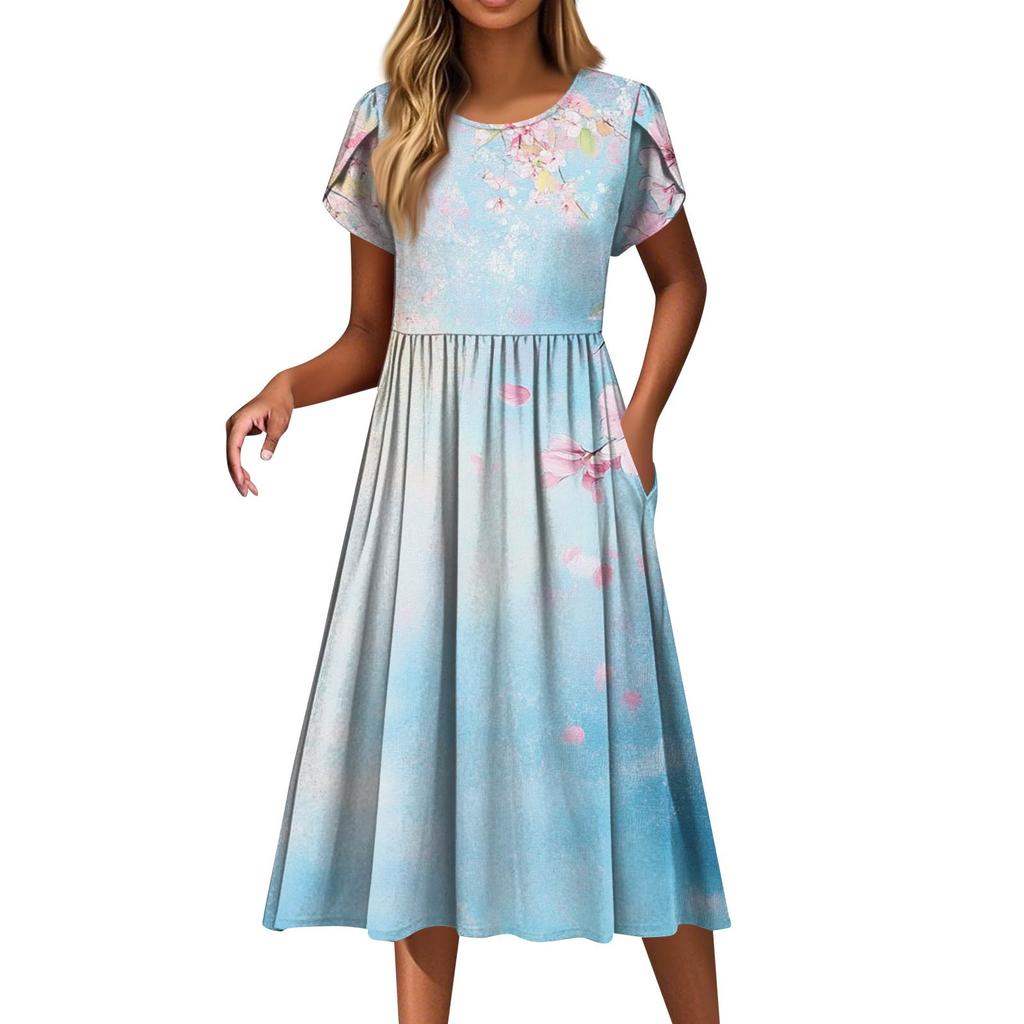 Dámské módní ležérní šaty s volným potiskem s kulatým výstřihem a kapsou s krátkým rukávem