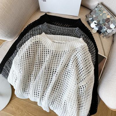Fashion Loose Hollow Out Sunscreen Knitted Sweater for Women Autumn Thin Long Sleeve Round Neck Pullover Knitwear Women Elegant Casual Sweaters 24799