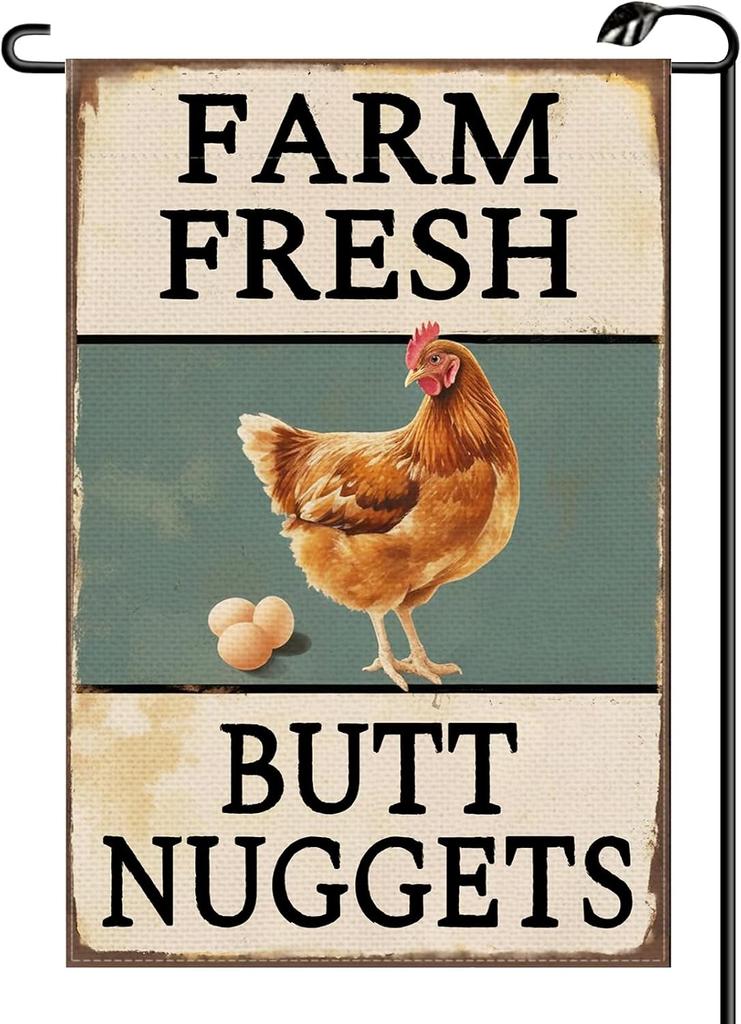 Vintage Farm Fresh Butt Nuggets Chicken Coop Garden Ag 12x18 Inch Vertical Double Sided Small Ags Farmhouse Outside Deco EEL