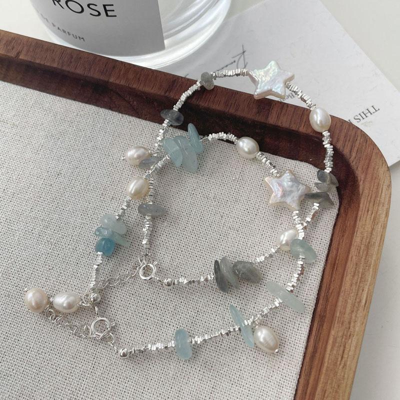 Luxury High Quality 925 Sterling Silver Natural Blue Stone Freshwater Pearl Beaded Bracelet for Women Summer Jewelry