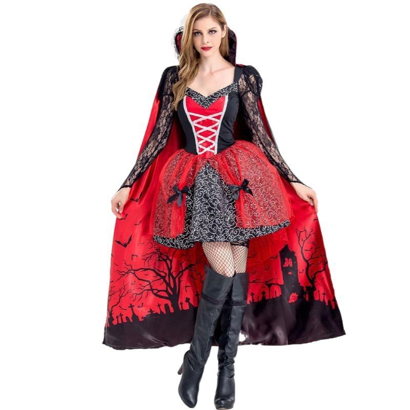 Women Halloween Witch Costume Masquerade Role Play Dress With Cape