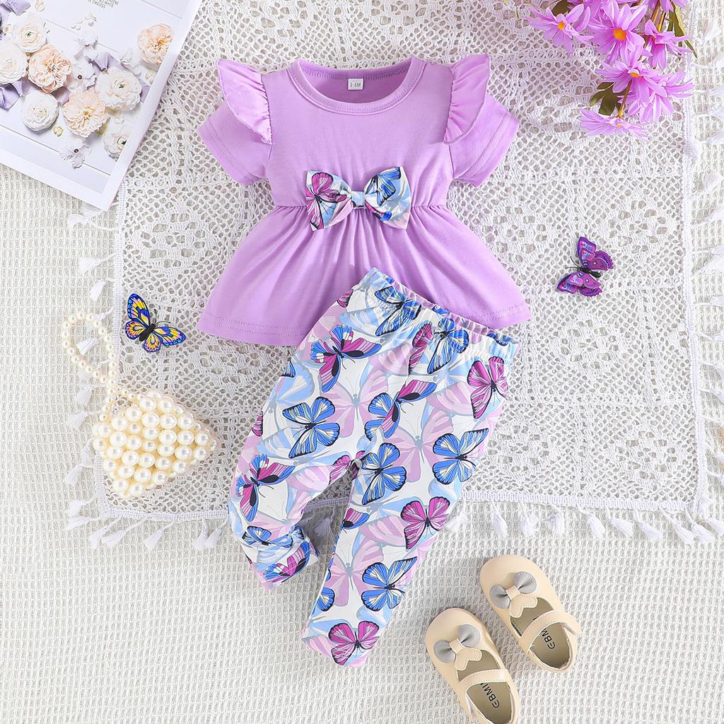 New Summer Baby Girl Flying Sleeve Solid Color Top + Butterfly Print Long Pants Two-Piece Set