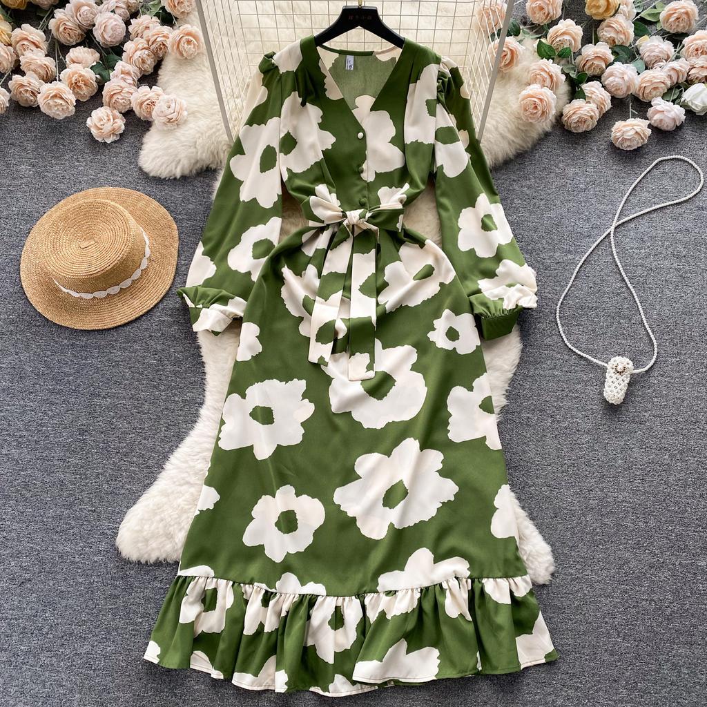 Fashion Flower Print Γυναικείο Φόρεμα Φθινοπωρινό Κομψό Vintage Επίδεσμος Μακρύ μάξι Φόρεμα με βολάν πάρτι Vestidos