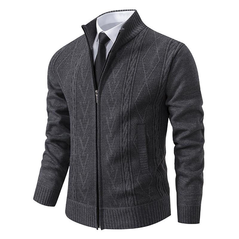 Men's Winter Stand-up Collar Cardigan Jacket - Thick Knit with Plus Velvet