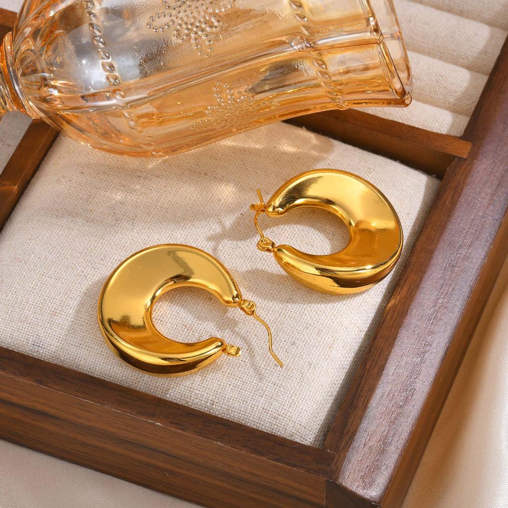 Stainless Steel C-shaped Chunky Hoop Earrings for Women Girls 18k Gold Plated Exquisite Popular Earring Daily Jewelry Gifts