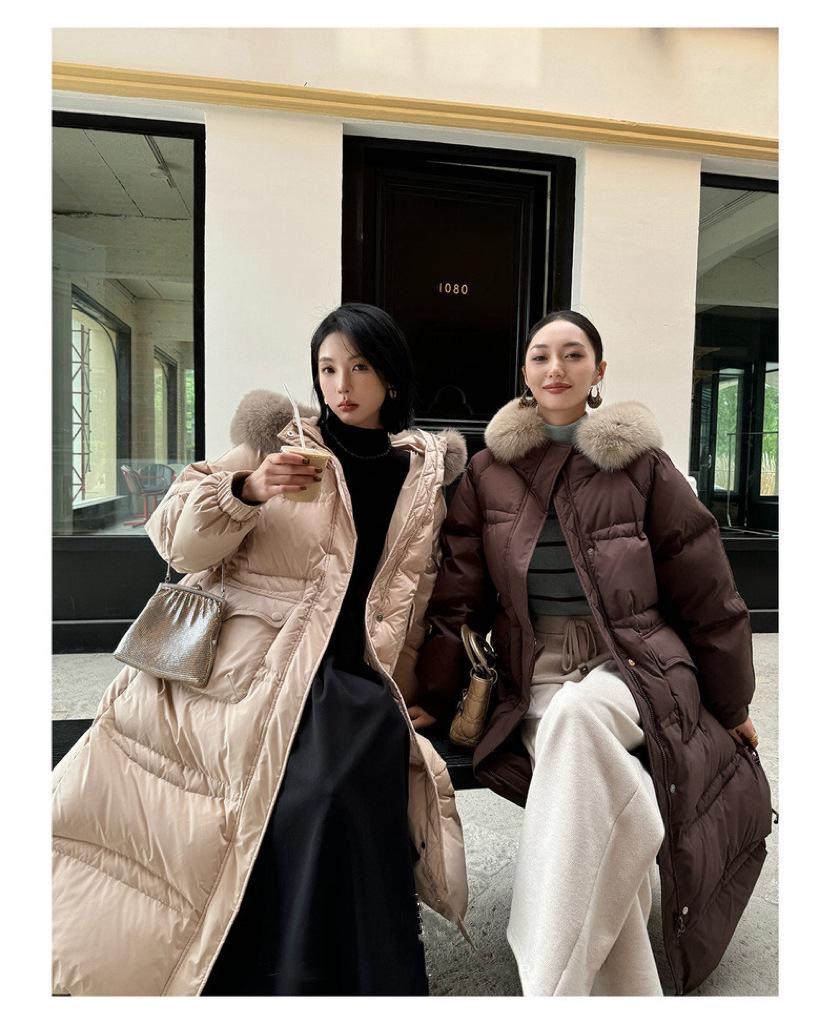 Longue Doudoune à Capuche pour Femme avec Fourrure de Renard Véritable, 90% Duvet de Canard Blanc, Longueur au-Dessus du Genou, Épaisse et Chaude