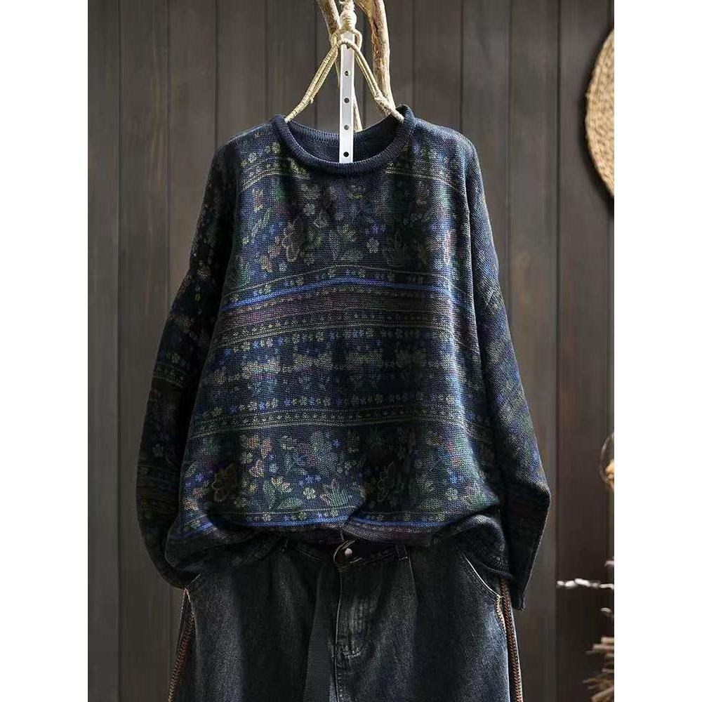 Woman Autumn Niche Vintage O-Neck Casual Loose Retro Sweater Chinese Style Long Sleeves Print Sweater