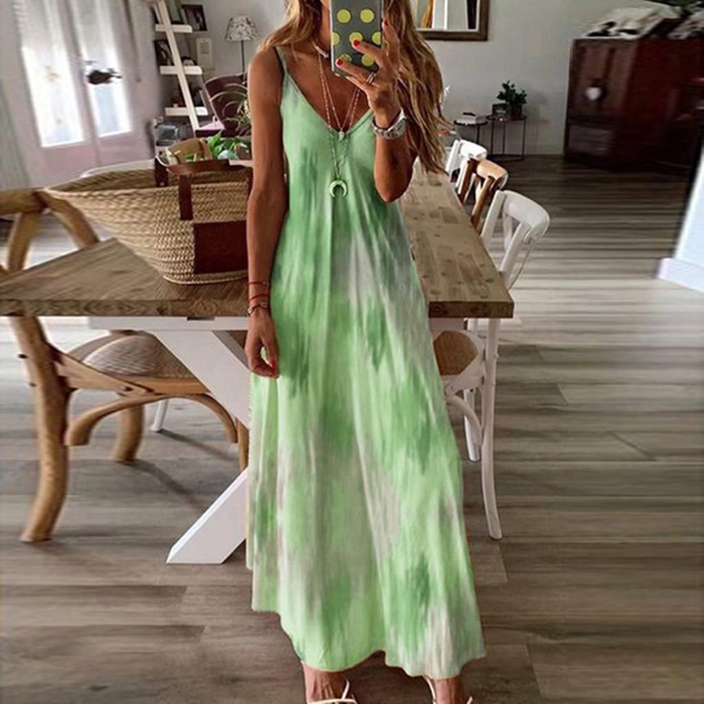 Fashion Women Sexy Plus Size Tie-dye Print Sleeveless V-Neck Camisole Long Dress