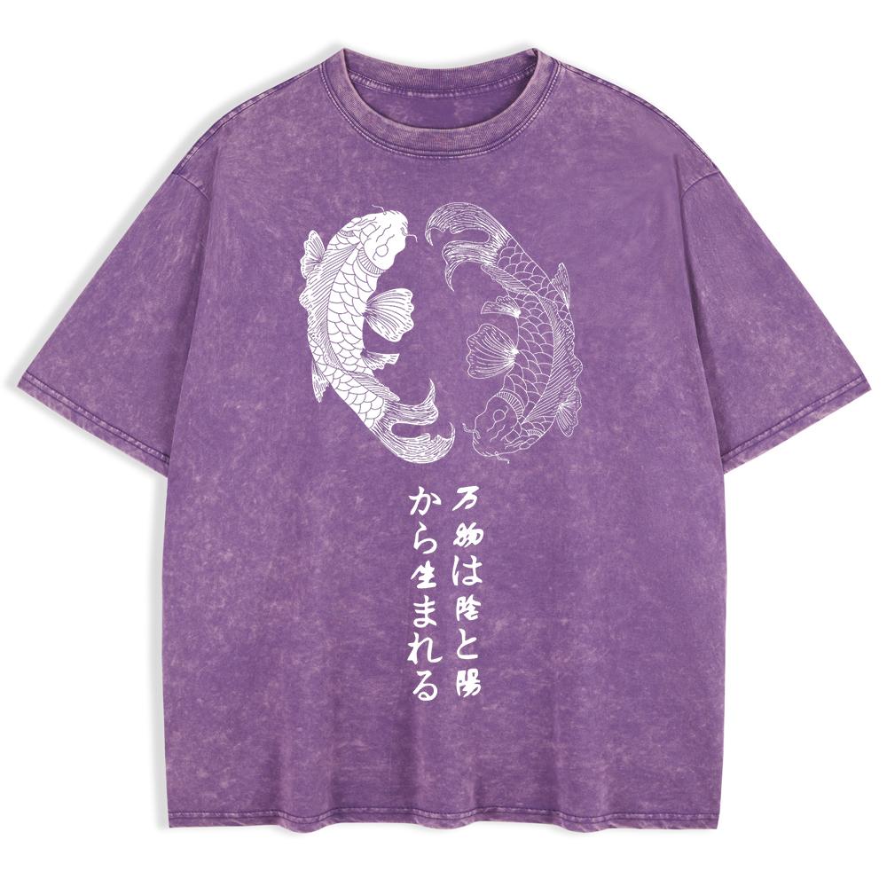 Japanese Koi Harajuku Printed Washed T-Shirts Mens Cotton Short Sleeve Tops Casual O-Neck Oversize T Shirt Soft Clothes