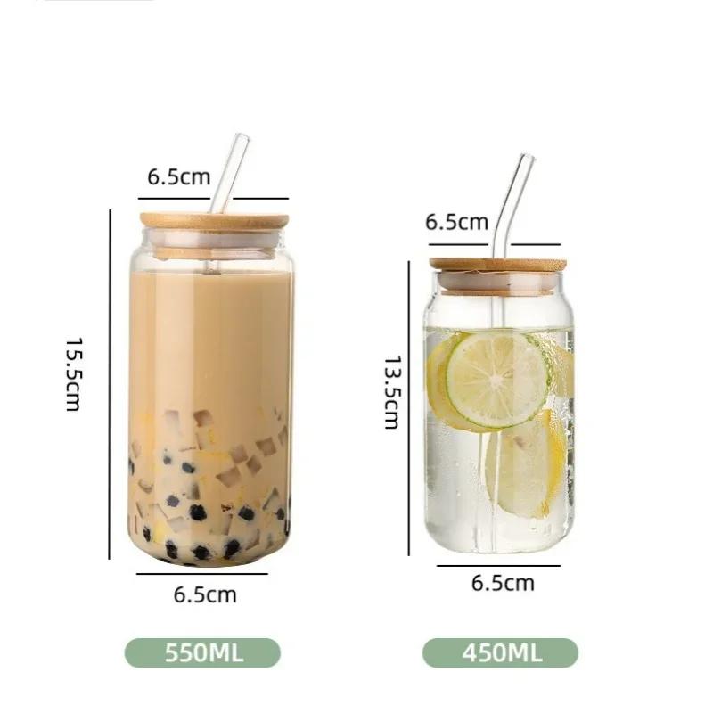 450ml/550ml Transparent Glass Cup with Wooden Lid and Straw Home High Borosilicate Glass Juice Cup Water Cup Drinking Utensils