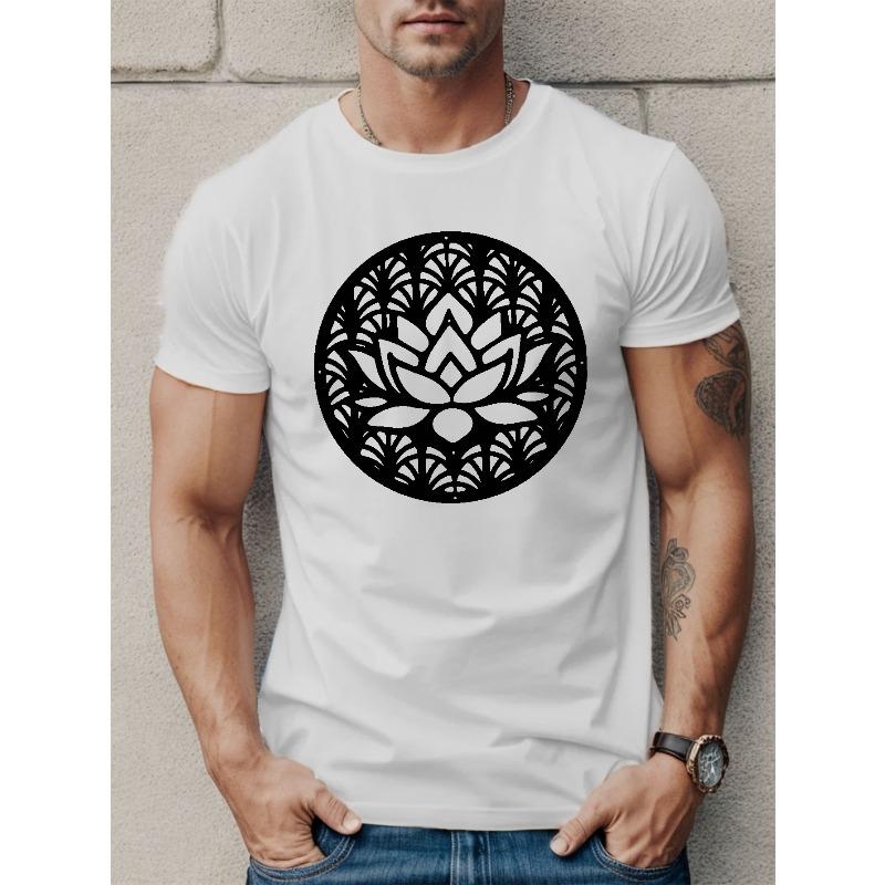 European sizes Lotus Flower Print T Shirt, Tees For Men, Casual Short Sleeve T-shirt For Summer