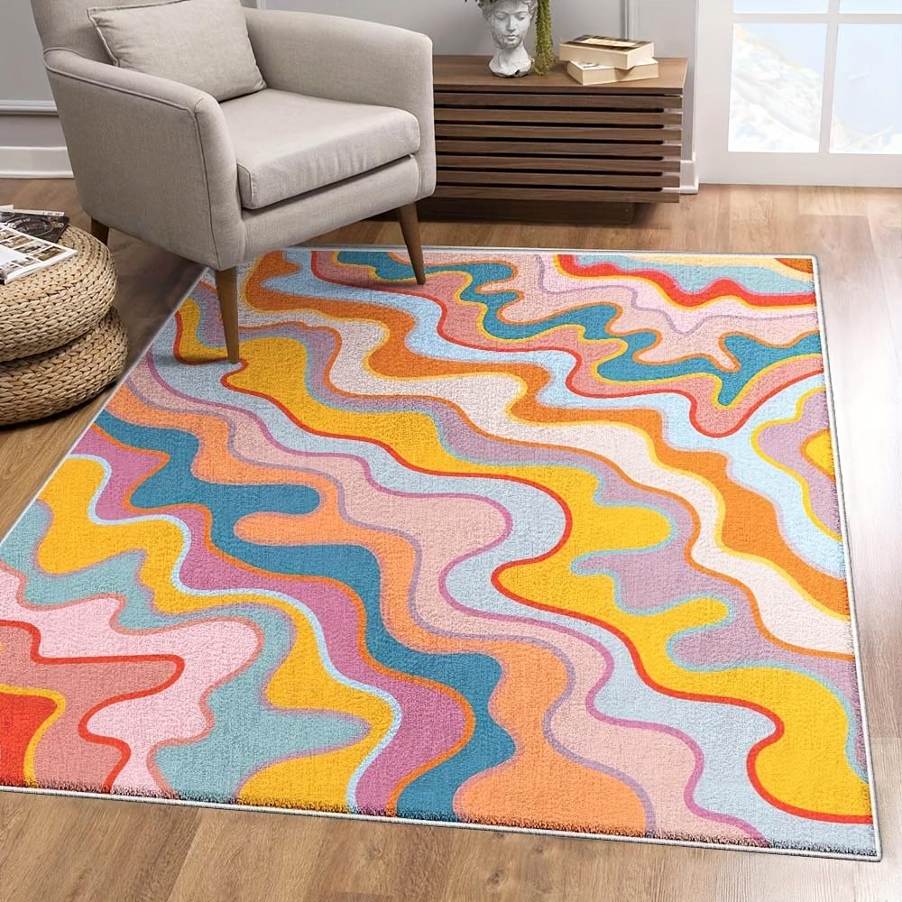 Large Colorful Velvet Area Mat Machine Washable Vibrant Abstract Design Pink Orange Blue Green Yellow Living Room Bedroom Office