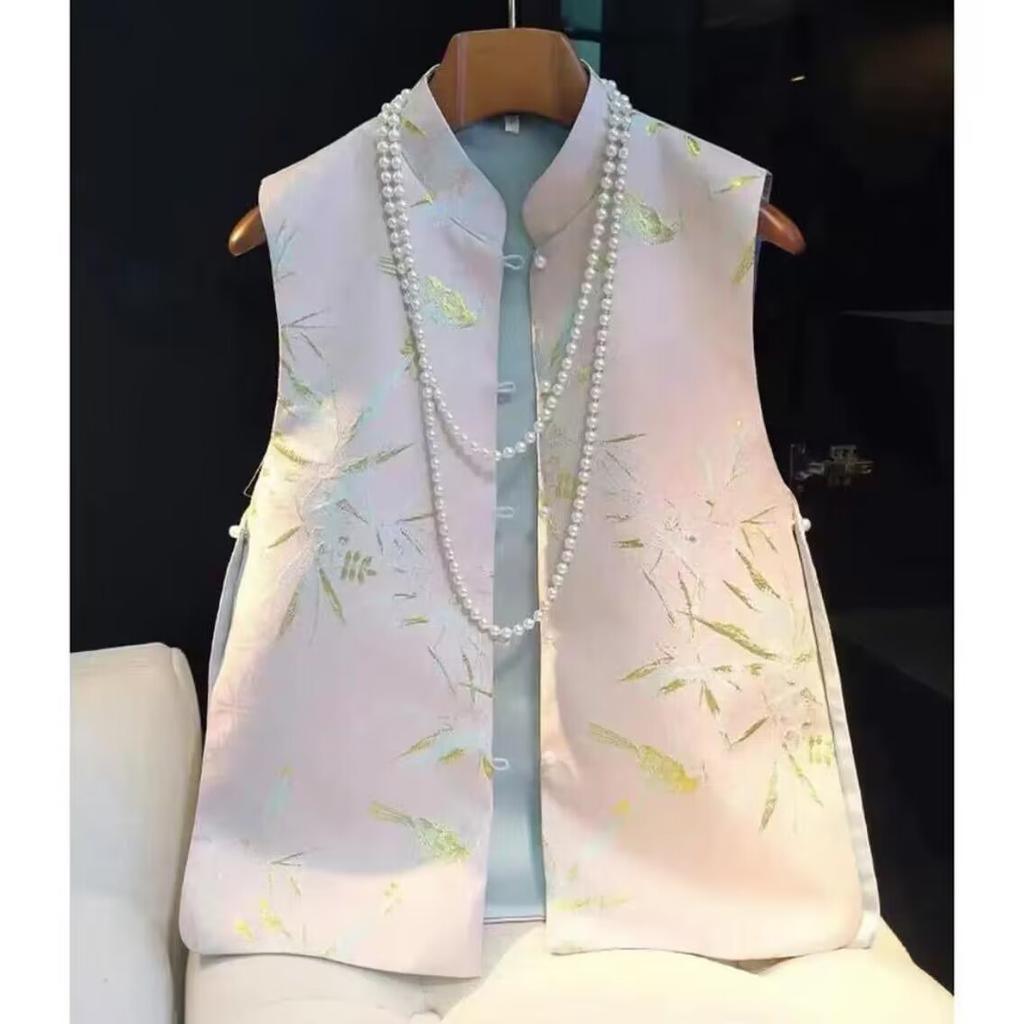 Jacquard Bamboo Leaf Vest Plus Qipao Lady Elegant Chinese Style Clothes Mandarin Collar Sleeveless Coat