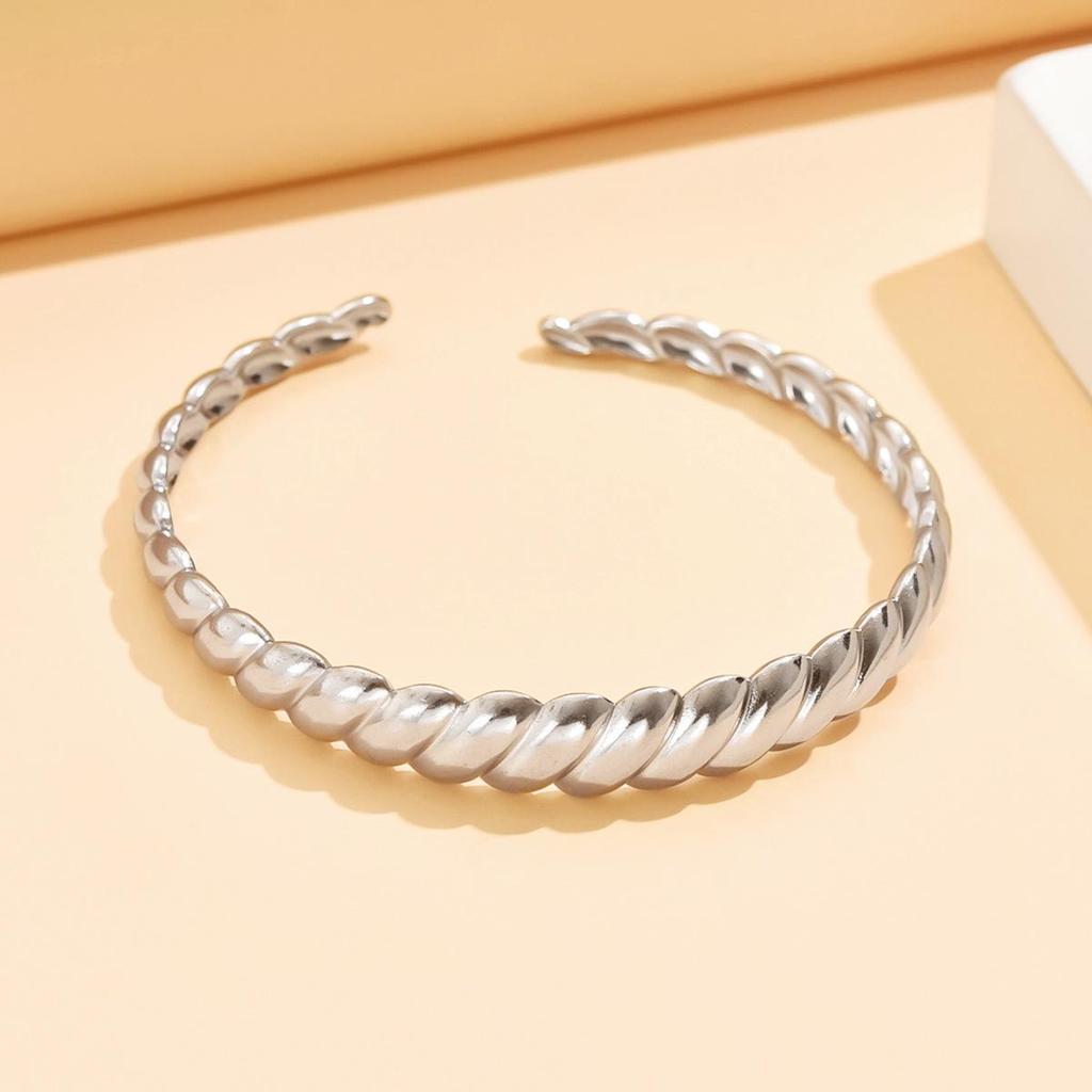 18K Gold Vacuum-Plated Twisted Cable Knit Open Cuff Bangle for Women