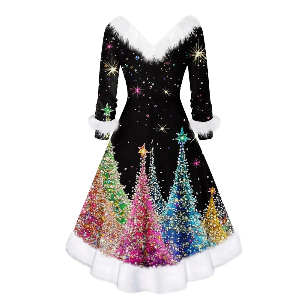 Women's Fashion V-neck Casual Fit Christmas Print Party Long Sleeve Dress