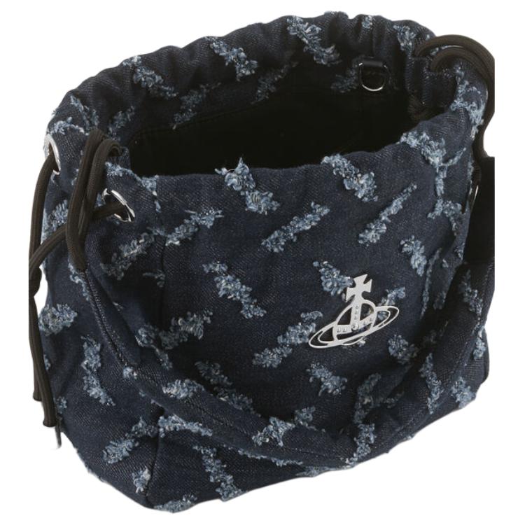VIVIENNE WESTWOOD Hilary Denim Pattern Silver Hardware Cotton Bucket Bag Women Handbags Indigo 4C03000AUW01BOINDIGO