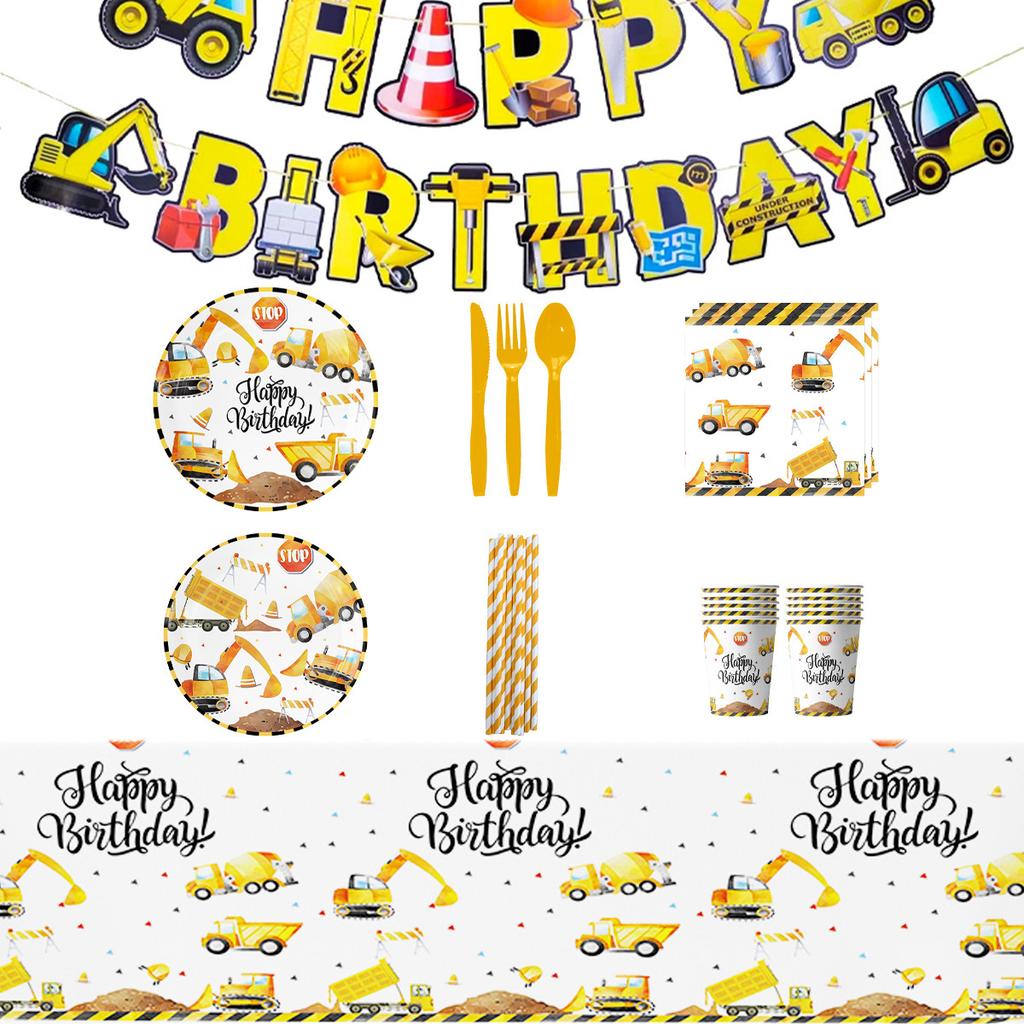 Construction Car Party Disposable Tableware Set: Plates, Cups, Towels for Boys' Birthday Decorations