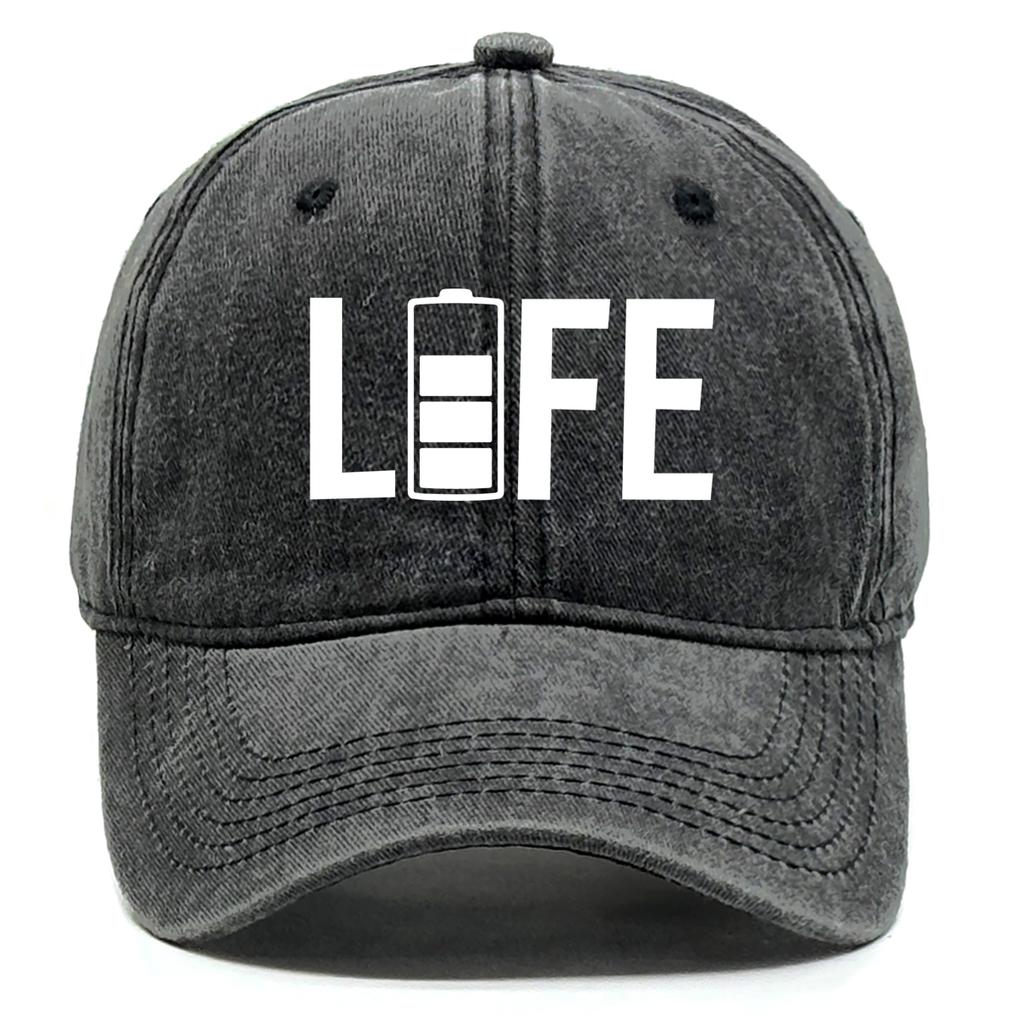 "LIFE" Battery Print Unisex Sun Hat Washed Cotton Hat For Woman Fit Snapback Baseball Hat Perfect For Casual Wear