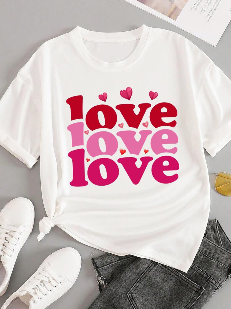 (Asian Size) T-shirts Fashion O-neck Female Casual Women's Top T Clothing Love Heart Style Print Short Sleeve Graphic Tee