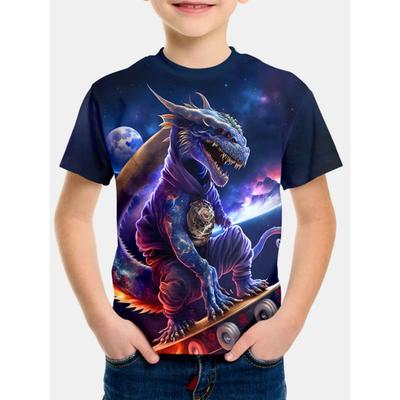 Short Sleeve Children's T-shirt Space Dragon On Skateboard 3D Print Tops 2024 Kids Clothes Top Shirts Baby Boys Clothing Korean