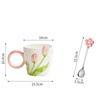 500 ml 3D keramický hrnek s tulipánovým vzorem se lžičkou Ručně vyřezávané Pohodlné ouško Šálek na kávu Snídaně Hrnek na mléko s ovesnými vločkami Dárek pro dívky