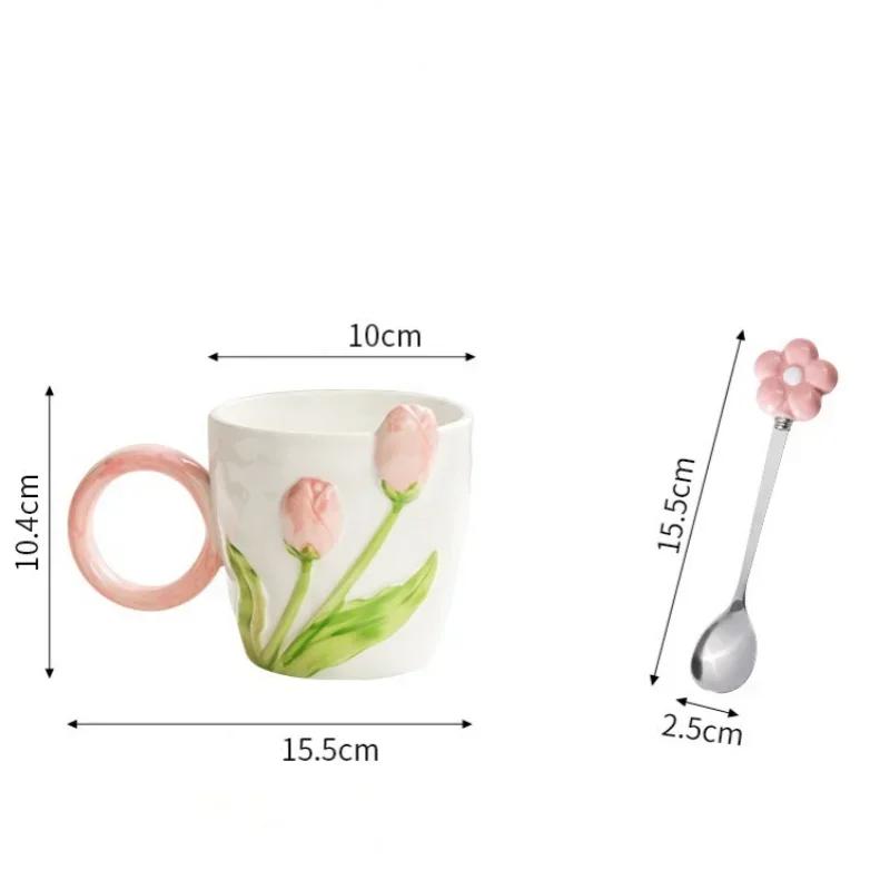 500 ml 3D keramický hrnek s tulipánovým vzorem se lžičkou Ručně vyřezávané Pohodlné ouško Šálek na kávu Snídaně Hrnek na mléko s ovesnými vločkami Dárek pro dívky