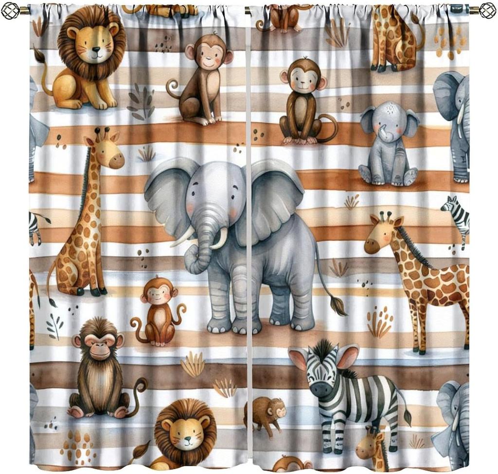 Animals Window Curtain Cartoon Jungle Forest Elephant Lion Print Curta For Kids Boys Girls Nursery Baby Bedroom Playroom Home