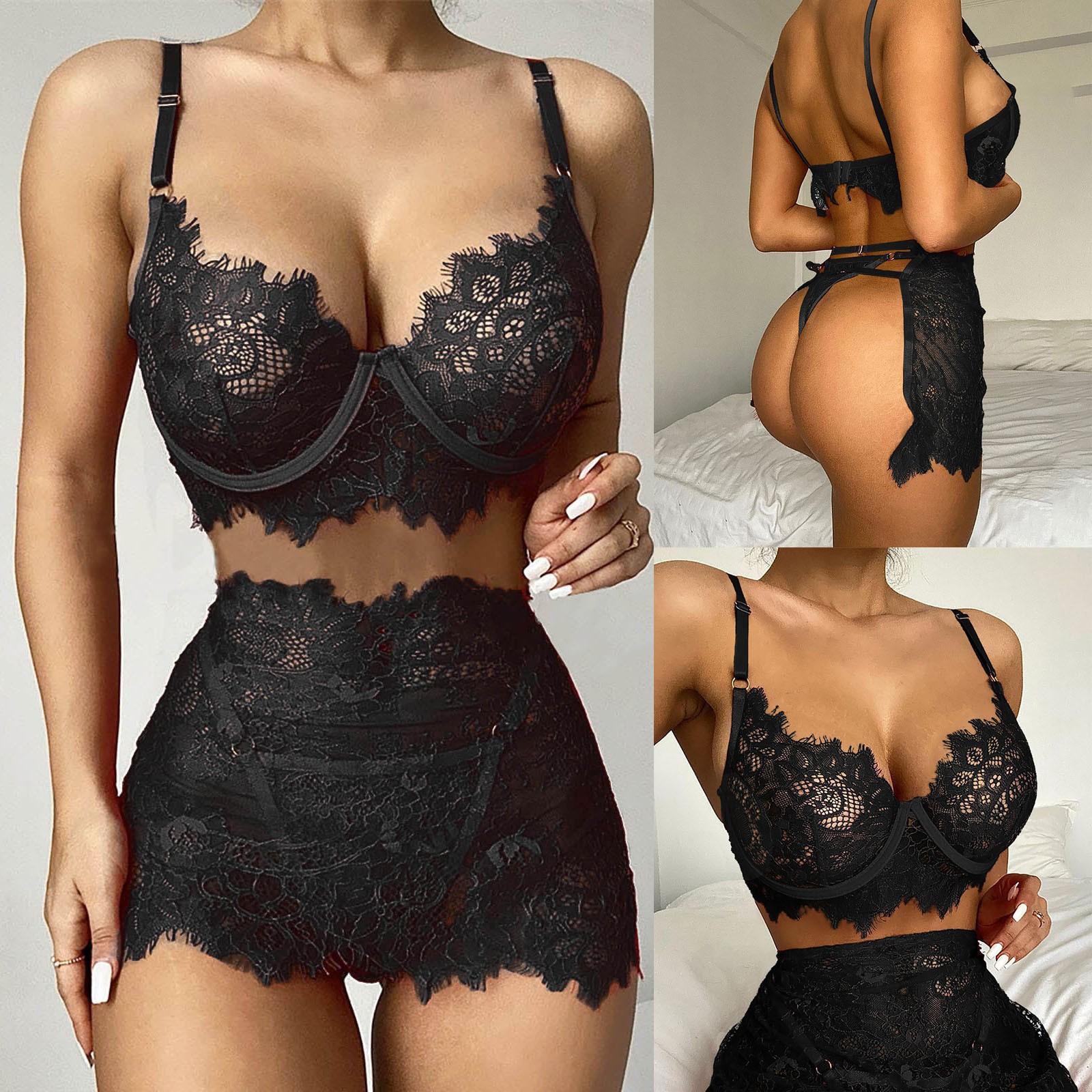 

Женская мода, сексуальный кружевной комплект из трех предметов, однотонное сексуальное нижнее белье, трусики