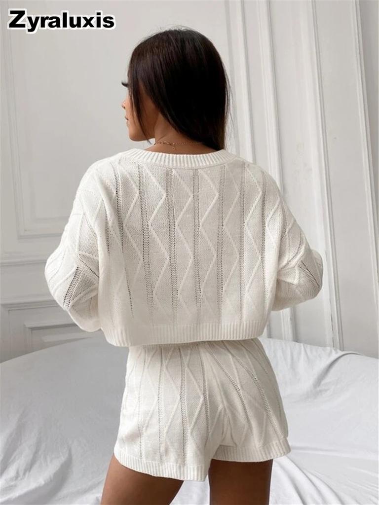 Fall Winter New Loose Crew Neck Short Sleeve Knit Sweater + Knit Shorts Set for Women