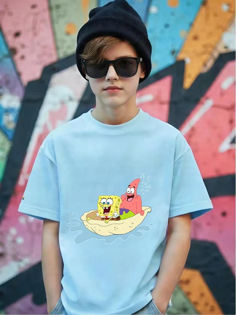 Funny SpongeBob Kids Short Sleeve T Shirt Summer Cute Cartoon Crewneck Boys Girls 3-14