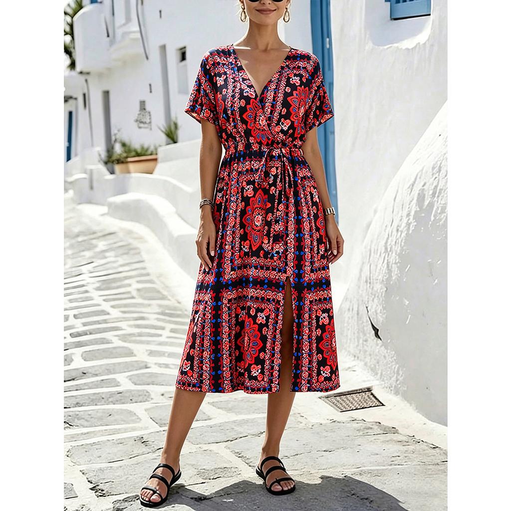 New Arrival Summer Dress Bohemian Printed V Neck Wrap Tie Midi Plus Size Dress Fashion Elegant Comfortable Versatile Dress