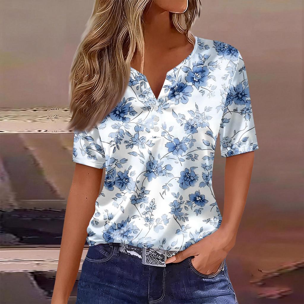 Dammode Casual Retro Tryck Krage Kortärmad Knapp T-shirt Topp