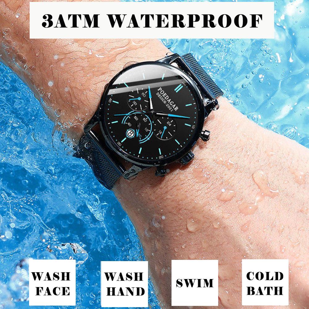 Men Watch Fashion Chronograph Slim Stainless Steel Mesh Quartz Men's Wristwatch Waterproof Luminous Date Sport Watch