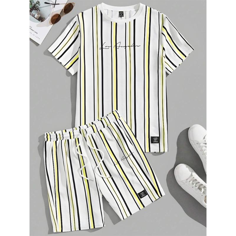 3D Striped Printed Men's Set Summer Casual Everyday Men's Short Sleeve T-shirt Urban Street Men's Fashionable Beach Shorts