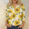 Women's Vintage Floral Print Button Front Henley Collar Shirt Three Quarter Sleeve Lightweight Cotton Linen Blouse