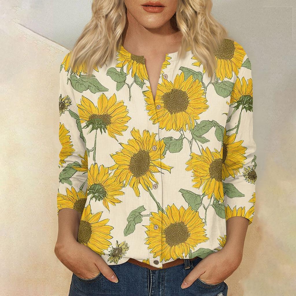 Women's Vintage Floral Print Button Front Henley Collar Shirt Three Quarter Sleeve Lightweight Cotton Linen Blouse