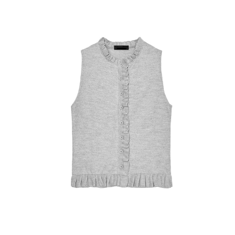 Women's Spring Clothing French Style Design Single-Breasted Laminated Decoration Soft round Neck Sleeveless Tops 5584314