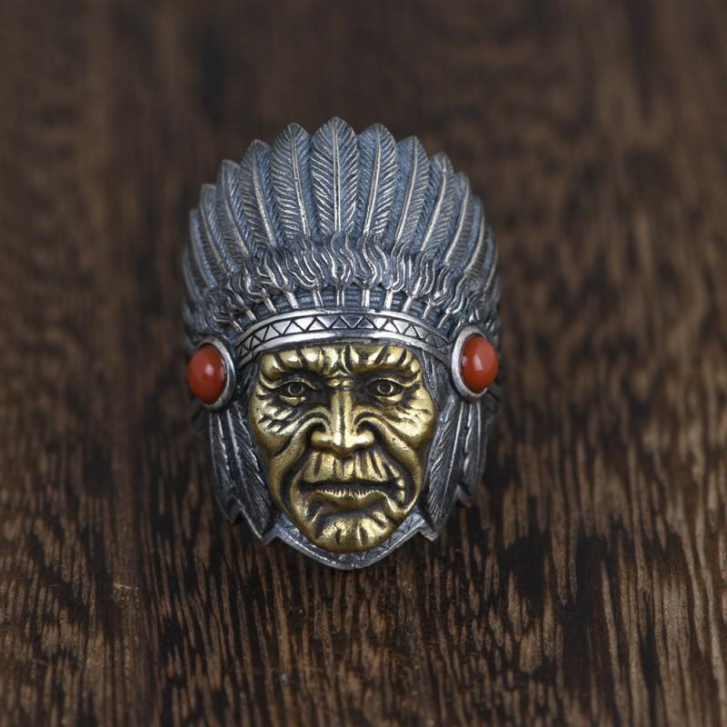 Adjustable Open Ring Men Women Vintage Indian Chief Face Design Punk Boho Statement Jewelry