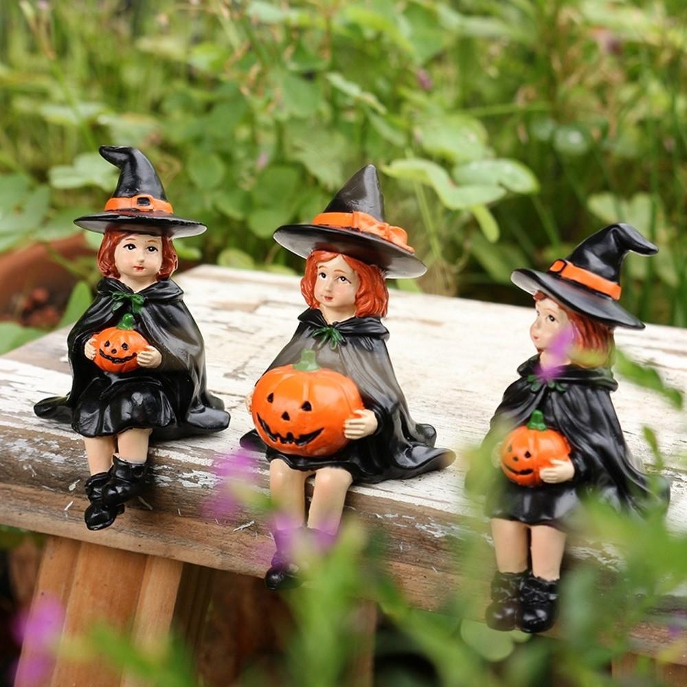 3pcs Handmade Witch Holding Pumpkin Statue Cute Witch Ornament Halloween Statue  Bookshelf