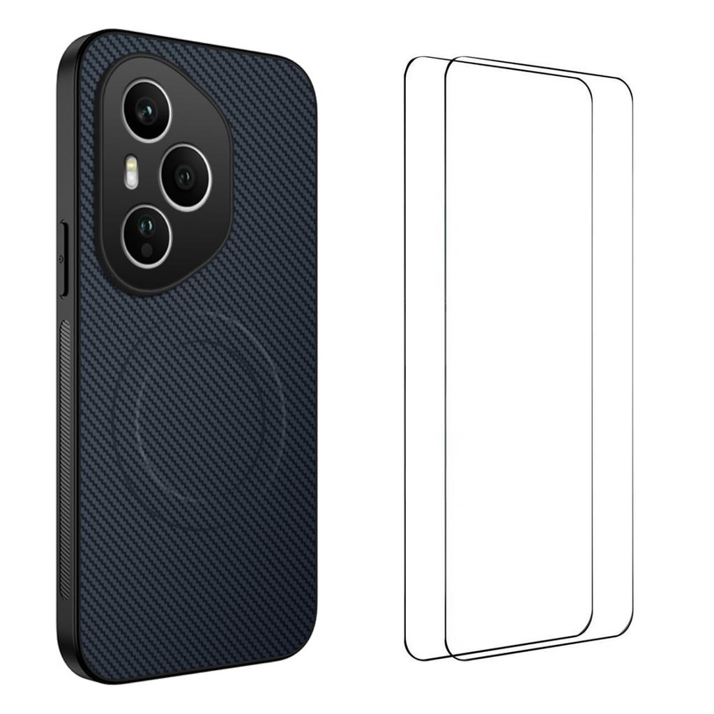 For Honor 400 Pro 5G (Global) Magnetic Case WANLONFENG TQ1 Series Carbon Fiber Texture PC TPU Phone Cover with 2Pcs Screen Films
