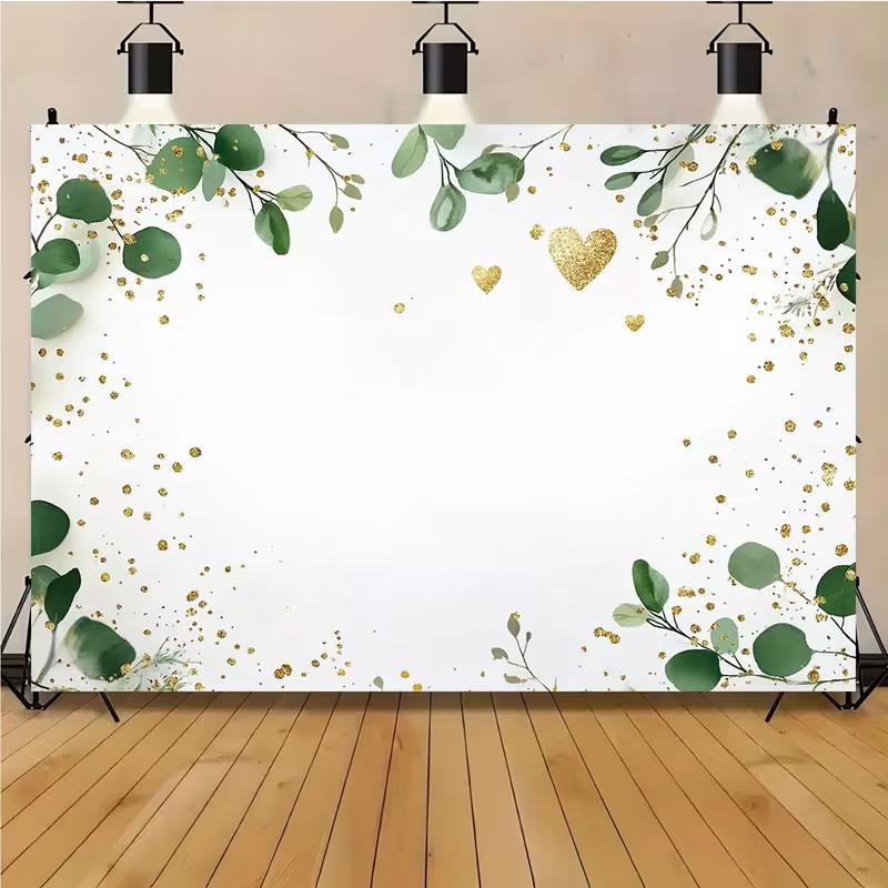 2D Green Leaves and Gold Glitter Backdrop Engagement and Baby Shower Photography Background