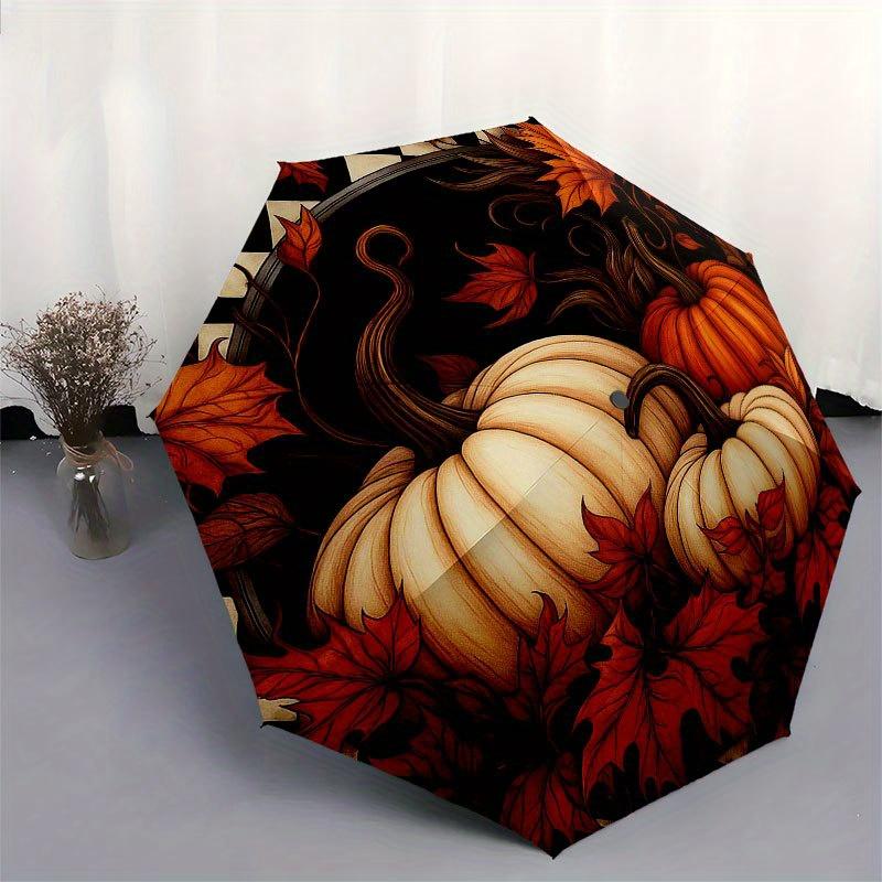 Autumn Harvest Pumpkin Placemat, Fall Leaves Table Decor Umbrella, Cute Umbrella with Cute Design, Portable 3-Fold Compact Umbrella for Men & Women, V