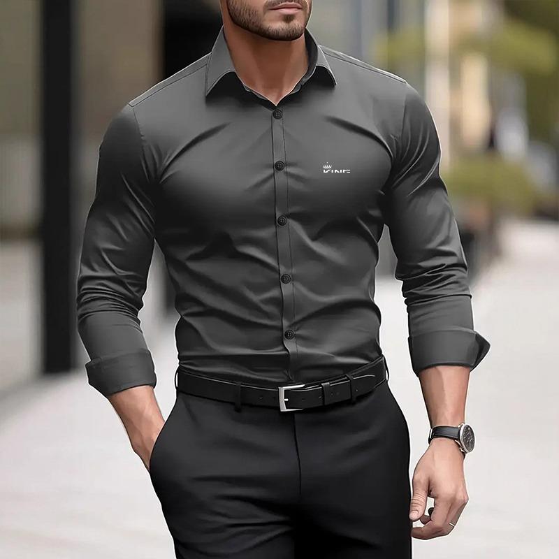 Spring and Autumn Men's Long Sleeve Collar Solid Color Shirt Men's Casual Thin Fashion Button Open Shirt Micro Elastic