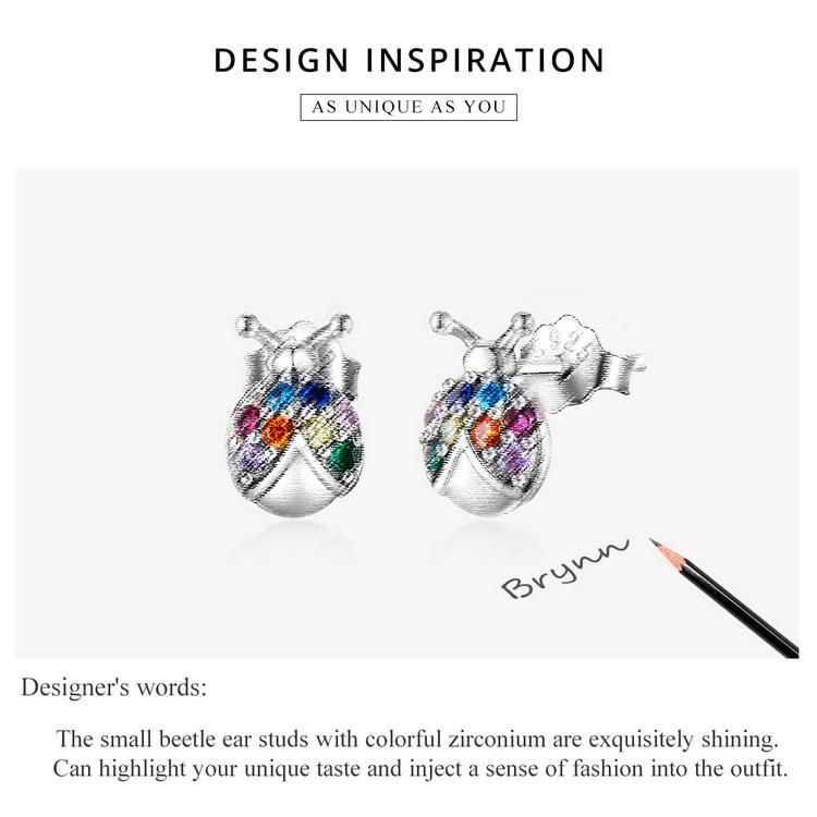 BAMOER 925 Sterling Silver kolorowy cyrkon mały chrząszcz stadniny kolczyki dla kobiet Fine Jewelry